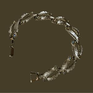 Retro Gold and Silver Toned Metal Sparkly Stone Leaf Bracelet